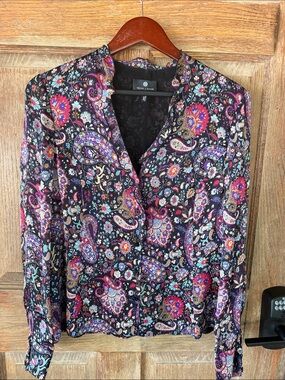 Rena Lange Multicolor Paisley Floral V-Neck Blouse 100 % Silk